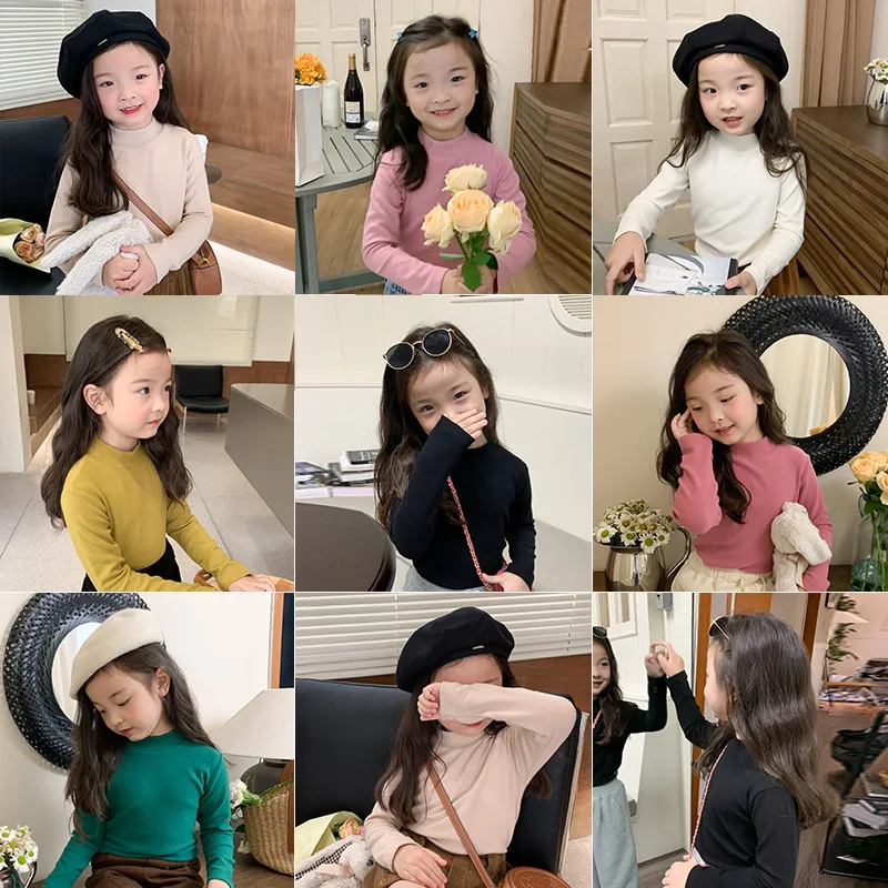 

Children's Clothing Korean Version Solid Color mid collar Bottoming Shirt Boys Girls Pullover Autumn Winter Long-sleeved Tops