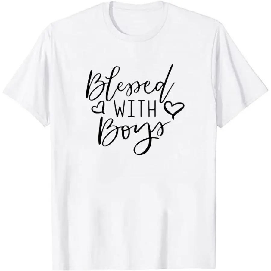

Blessed with Boys Sayings Mom of Boy Top Letters T-Shirt Short Sleeve Funny Shirt Hipster Mother's Day Gift T Shirt for Women