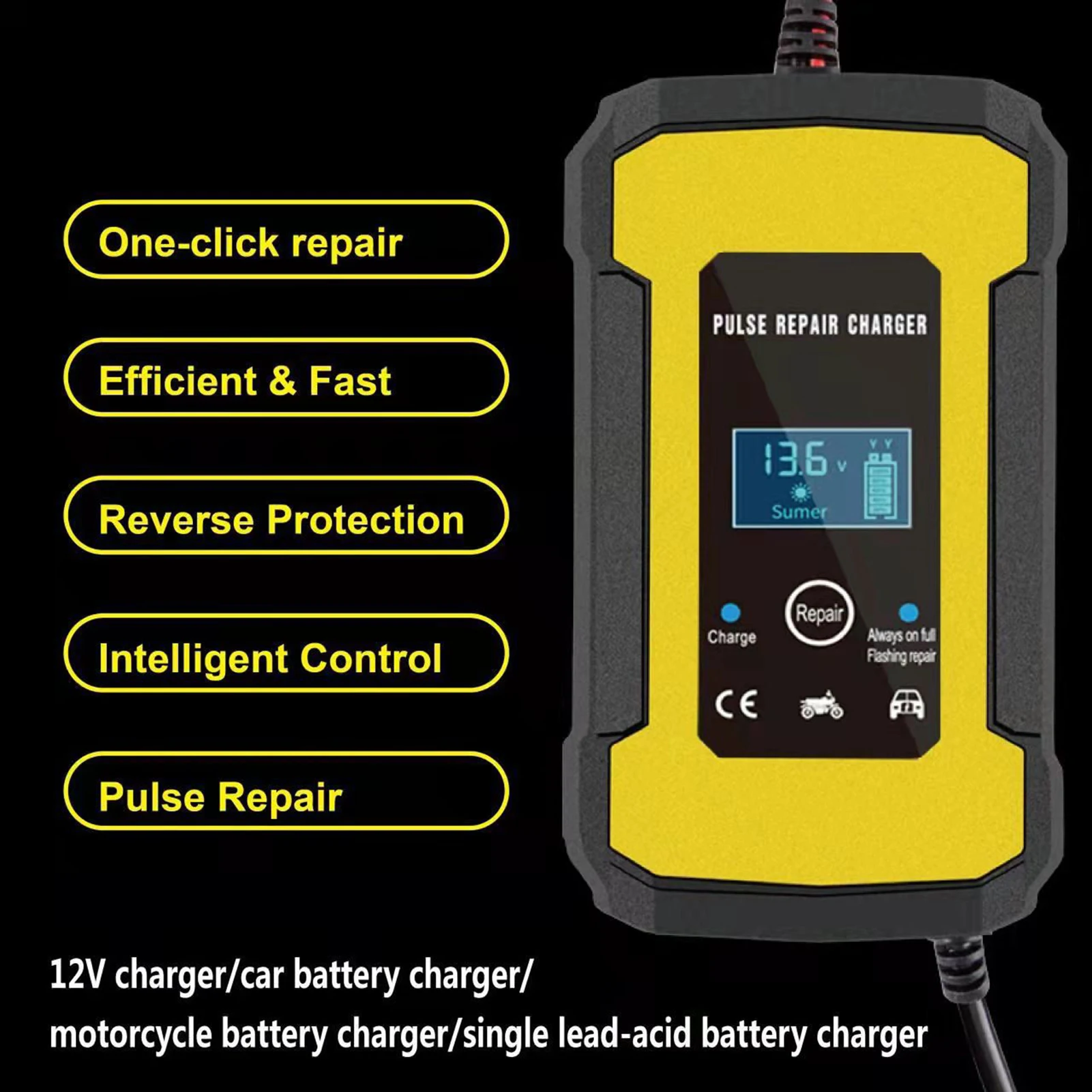 Car Battery Charger 12V Smart Fully Automatic Battery Charger Maintainer LCD Display Pulse Repair Charger for Motorcycle Boat