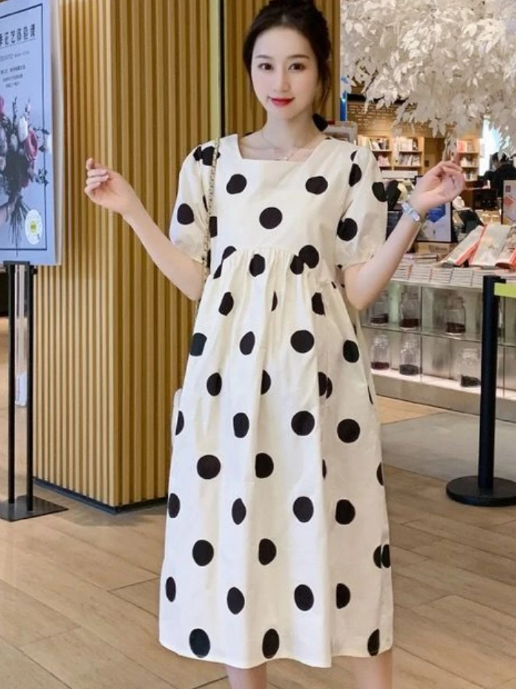 New Summer Marernity Dresses Pregnants Clothing Wear Short-sleeved Pregnant Women Pregnancy Casual Clothes Femme black dots enlarge
