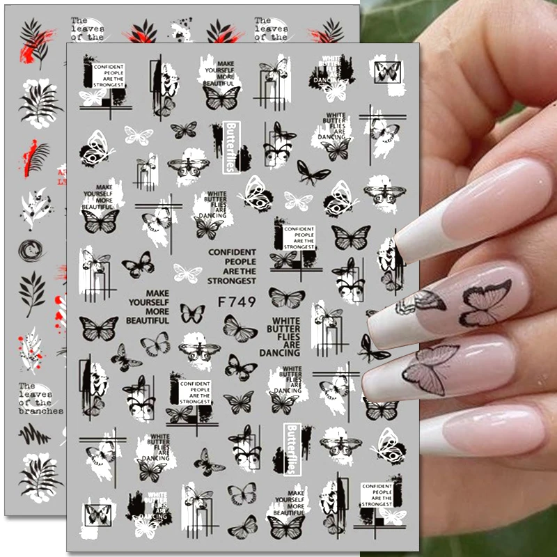

1pcs Black White Leaves Flower 3D Nail Sticker Geometric Alphabet Butterfly Nail Decals Adhesive Transfer Sliders Manicure Wraps