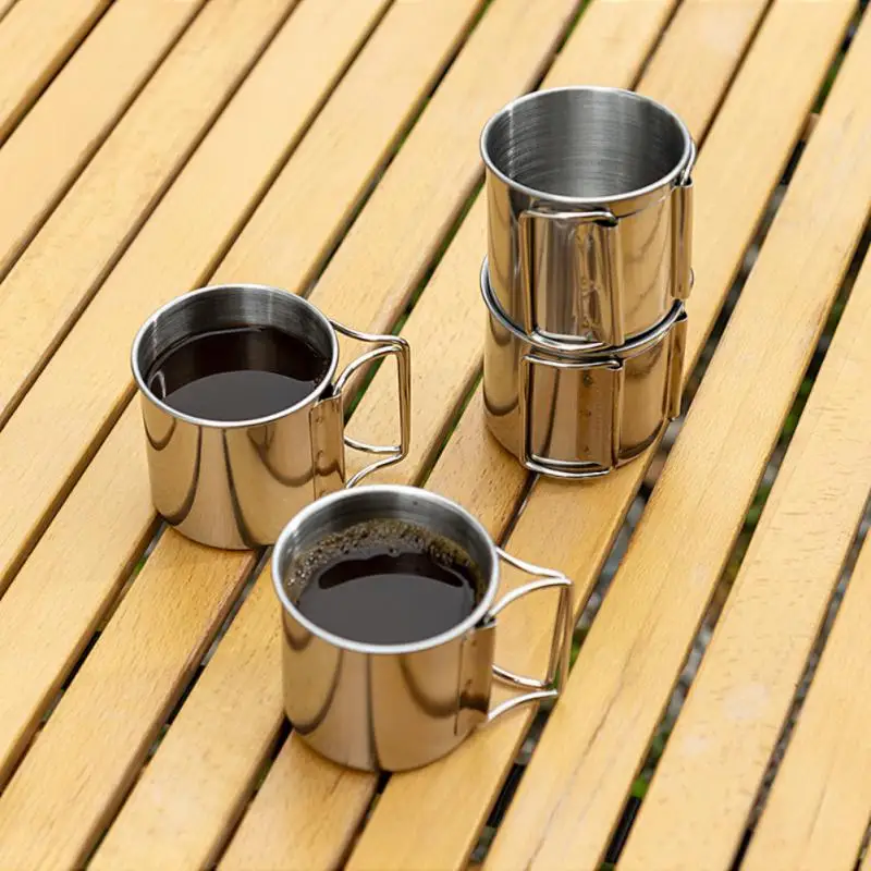 

250/350/500ML Stainless Steel Camping Cup Portable Carabiner Cups Outdoor Water Cup Mug With Foldable Handle Kitchen Drinkware