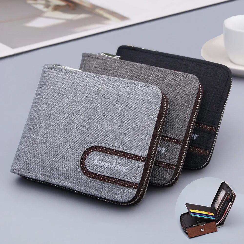 

Multi-functional Card Holder Wallets Casual Men Short Wallet Canvas Solid Color Zipper Vintage Male Coin Purse Money Bag Pouch
