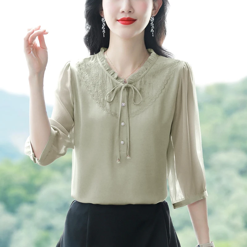 Шелковый топ женская рубашка с рукавом три четверти новые летние шелковые