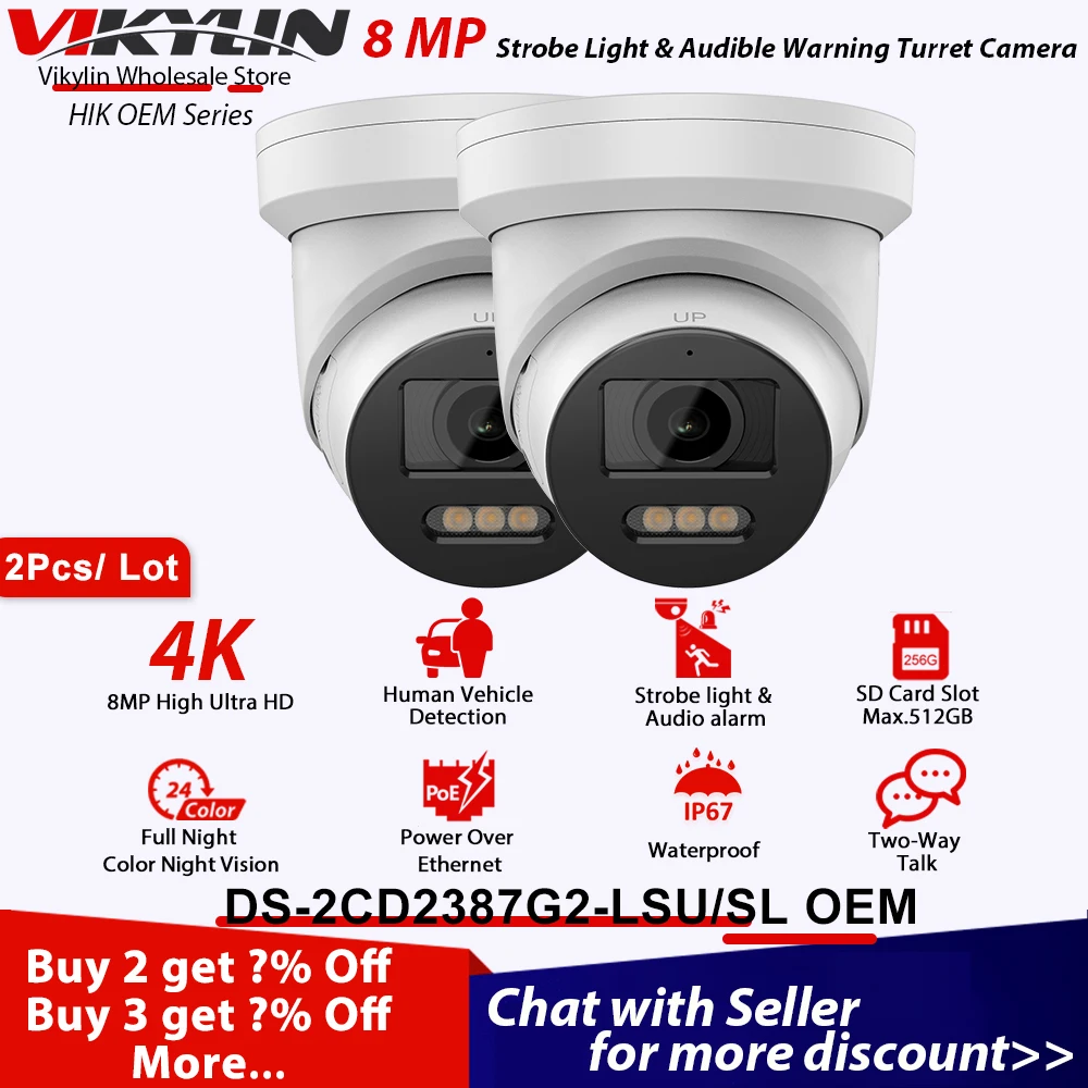 

Vikylin 8MP ColorVu Acusense Camera 4K Hik DS-2CD2387G2-LSU/SL Strobe Light Sound Alarm Two-way Audio Human Vehicle Detact 2PCS
