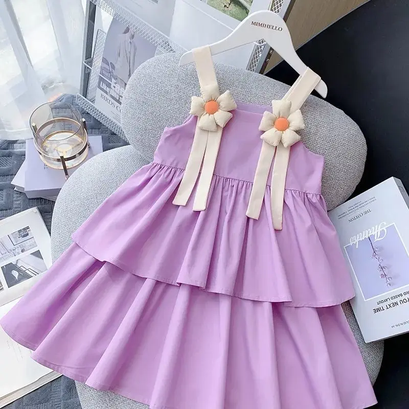 

Summer Girl Dresses 2 Year Children Birthday Wedding Solid Color Flower Decoration Princess Sleeveless Kids Big Girl Party Dress