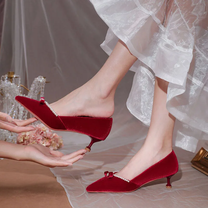 Свадебные туфли Phoentin с жемчугом бархатные элегантные на среднем тонком каблуке