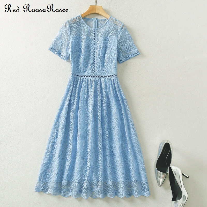 

Red RoosaRosee Mesh Embroidery Hollow-out Short Sleeve Blue Knee-length Dress Female Designer 2022 Party Vestidos Robe Femme