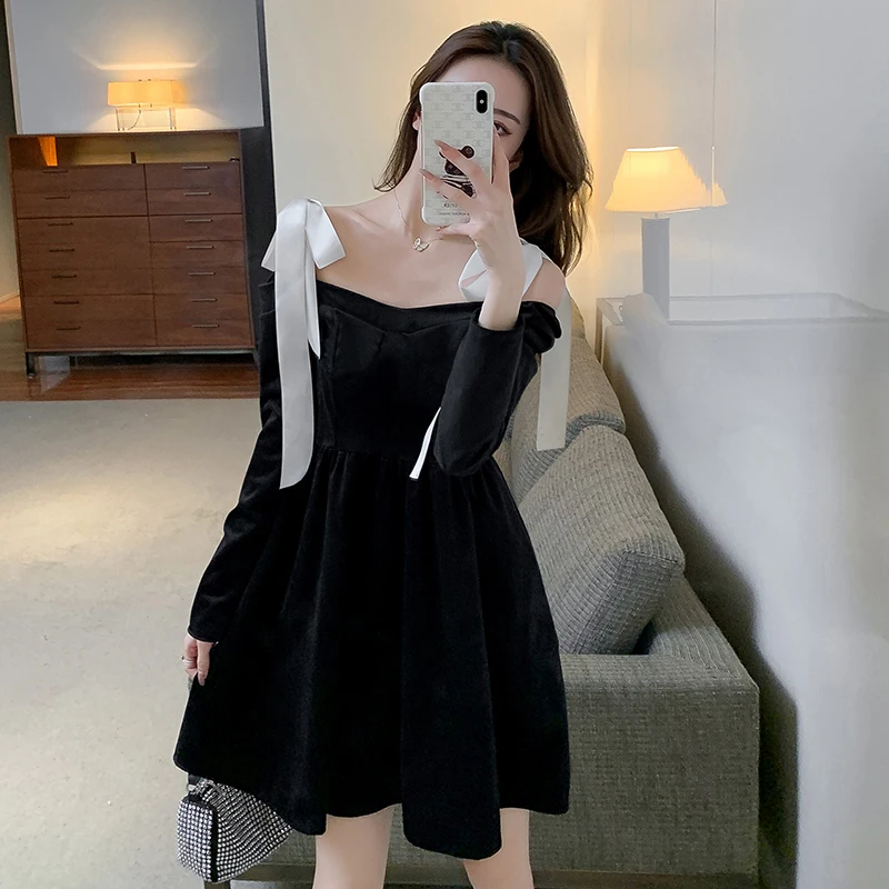 

Женское летнее платье COIGARSAM 2022, повседневные однотонные черные платья на бретелях с длинным рукавом, бантом и вырезом лодочкой, Прямая поста...