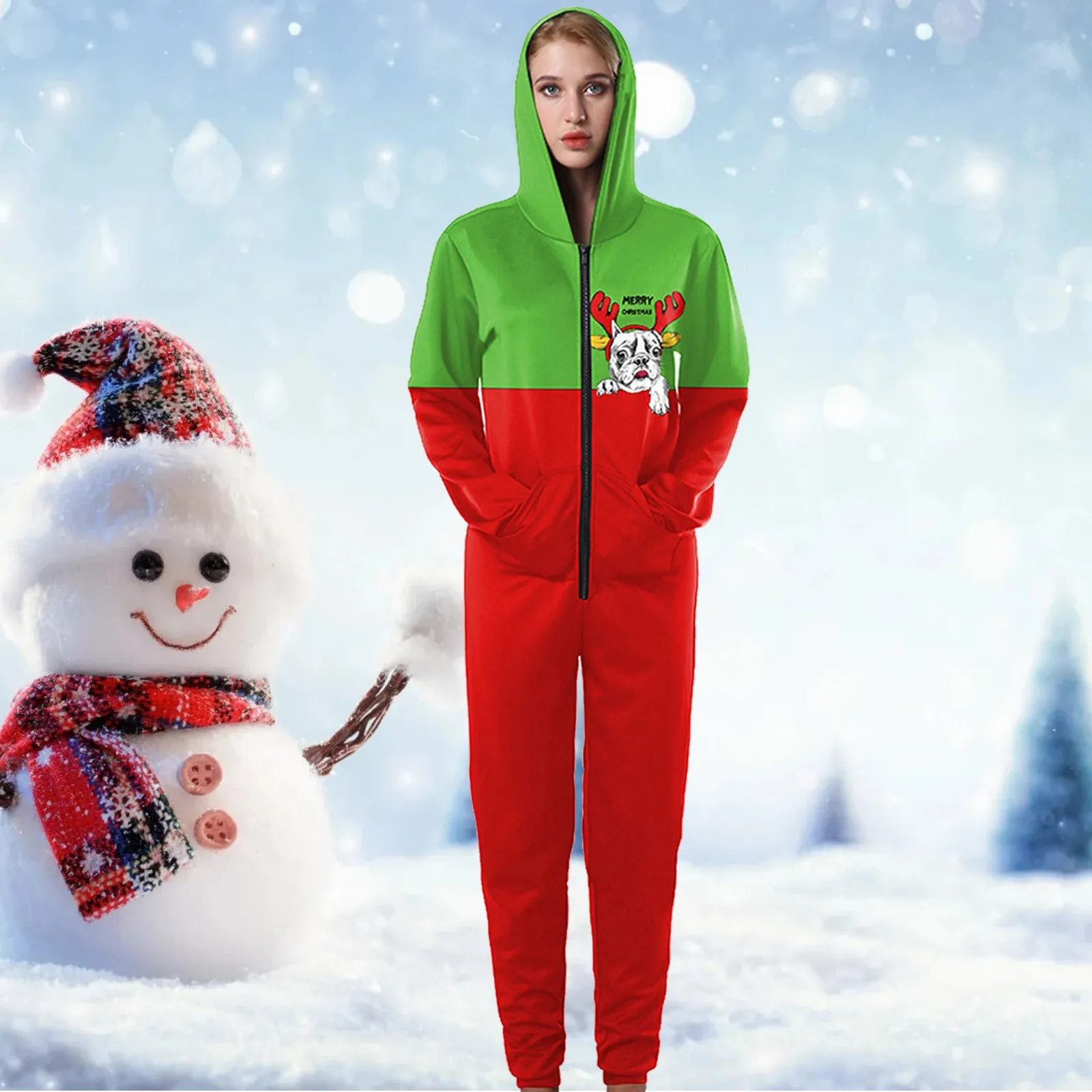 Women Fashion Christmas Print Jumpsuit Hooded Pocket Zipper Fuzzy Romper Winter Ski Outfits Women Womens Jumpsuits Straight Leg