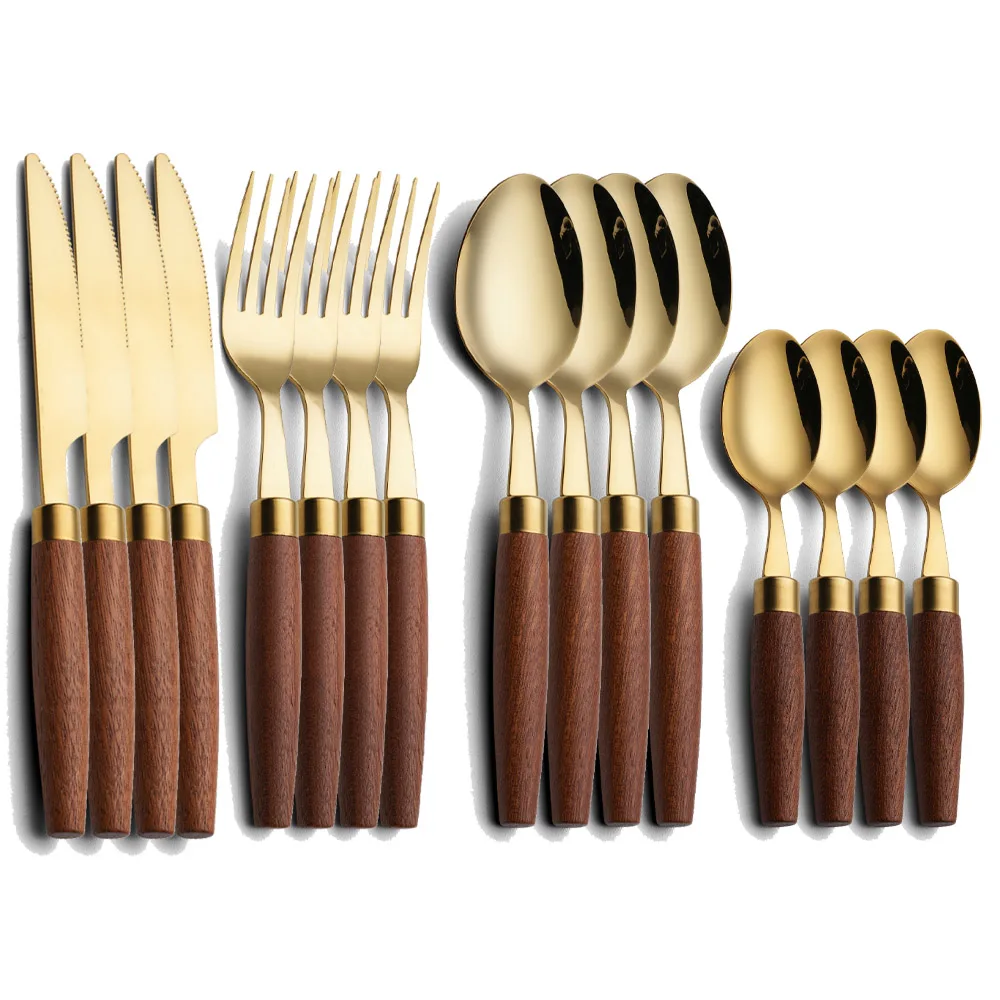 

24/16pcs Natural Wood Handle Tableware Set Stainless Steel Flatware Knife Fork Spoon Gold Cutlery Dinner Set Dishwasher Safe