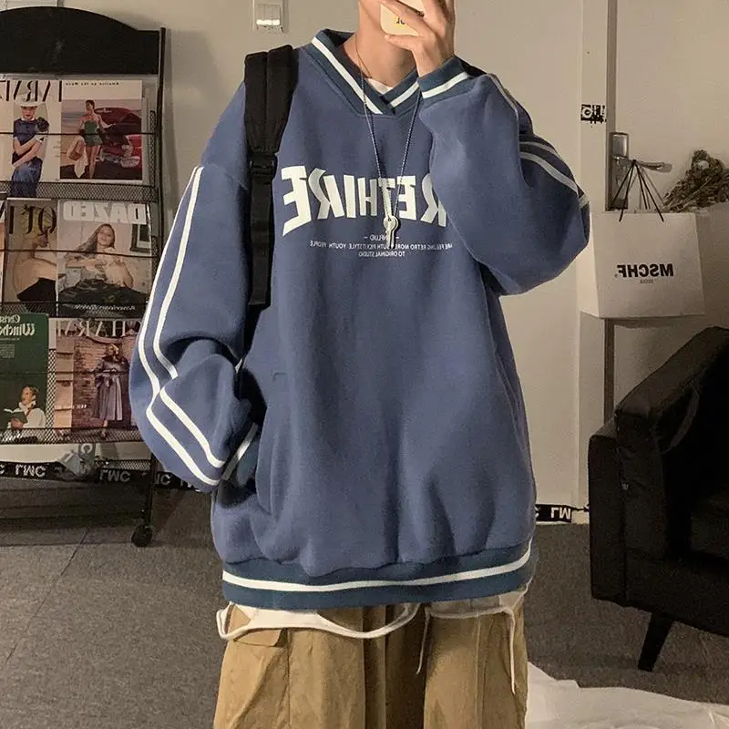 

Preppy Style Man Sweatshirts Letter Printed Loose Long Sleeve Feece Tops Hip Hop Couple V-Neck Korean Fashion Pullover Hoodies