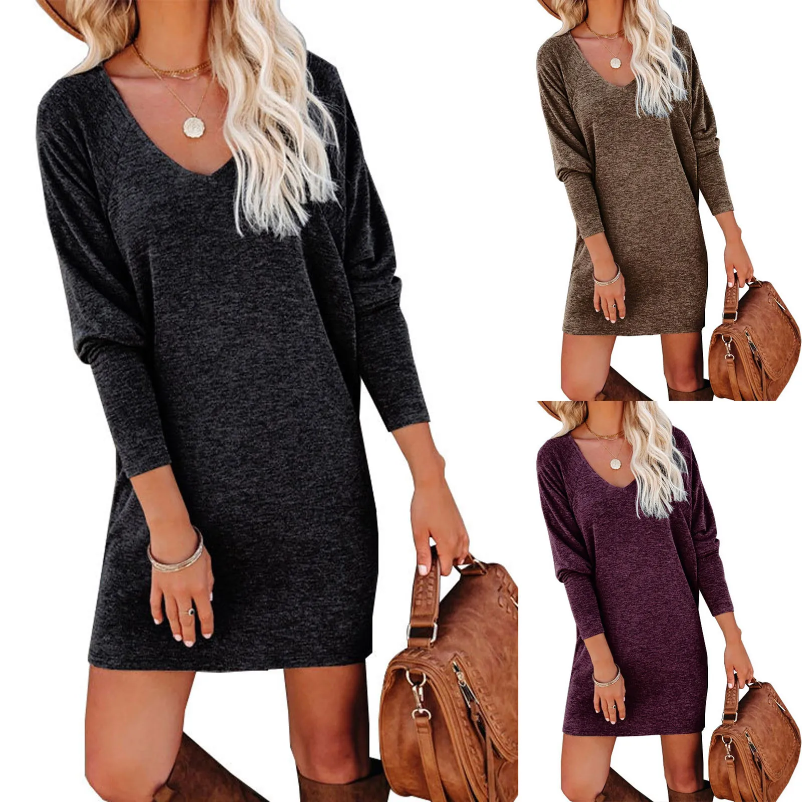 

V-neck Sleeve Above Loose Solid Long Color Dresses Knee Print Womens Warm Women's Casual Dress