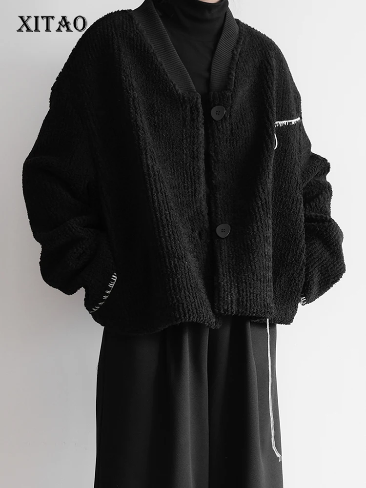 

XITAO, черные повседневные женские куртки, свободные, модные, v-образный вырез, воротник, асимметричный, яркая линия, украшение, зимнее теплое п...