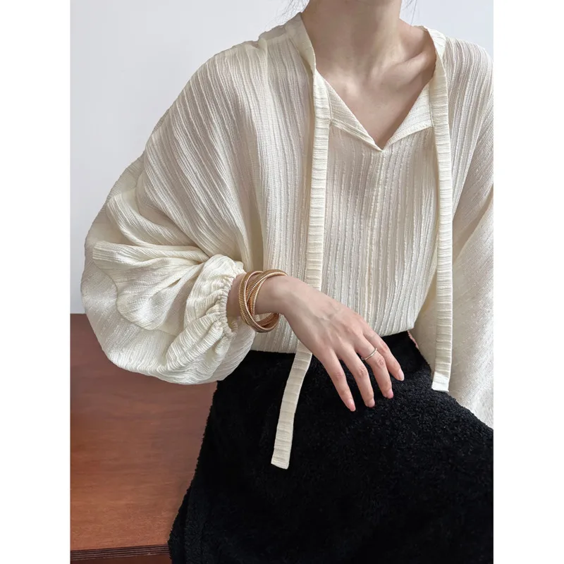 

2023 Spring Ribbon Lantern Sleeve Loose Blouses Half Open Collar High Quality Chic Chiffon Tops