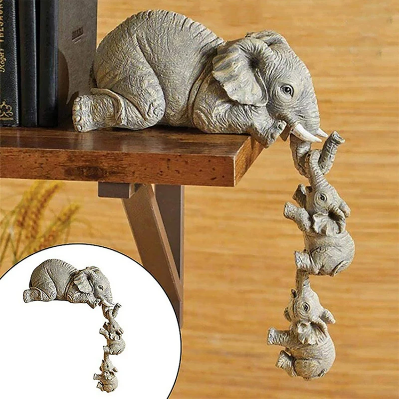 Hand drawn elephant statue, mother baby hanging on the edge of a shelf or table, resin ornament, good luck blessing gift.