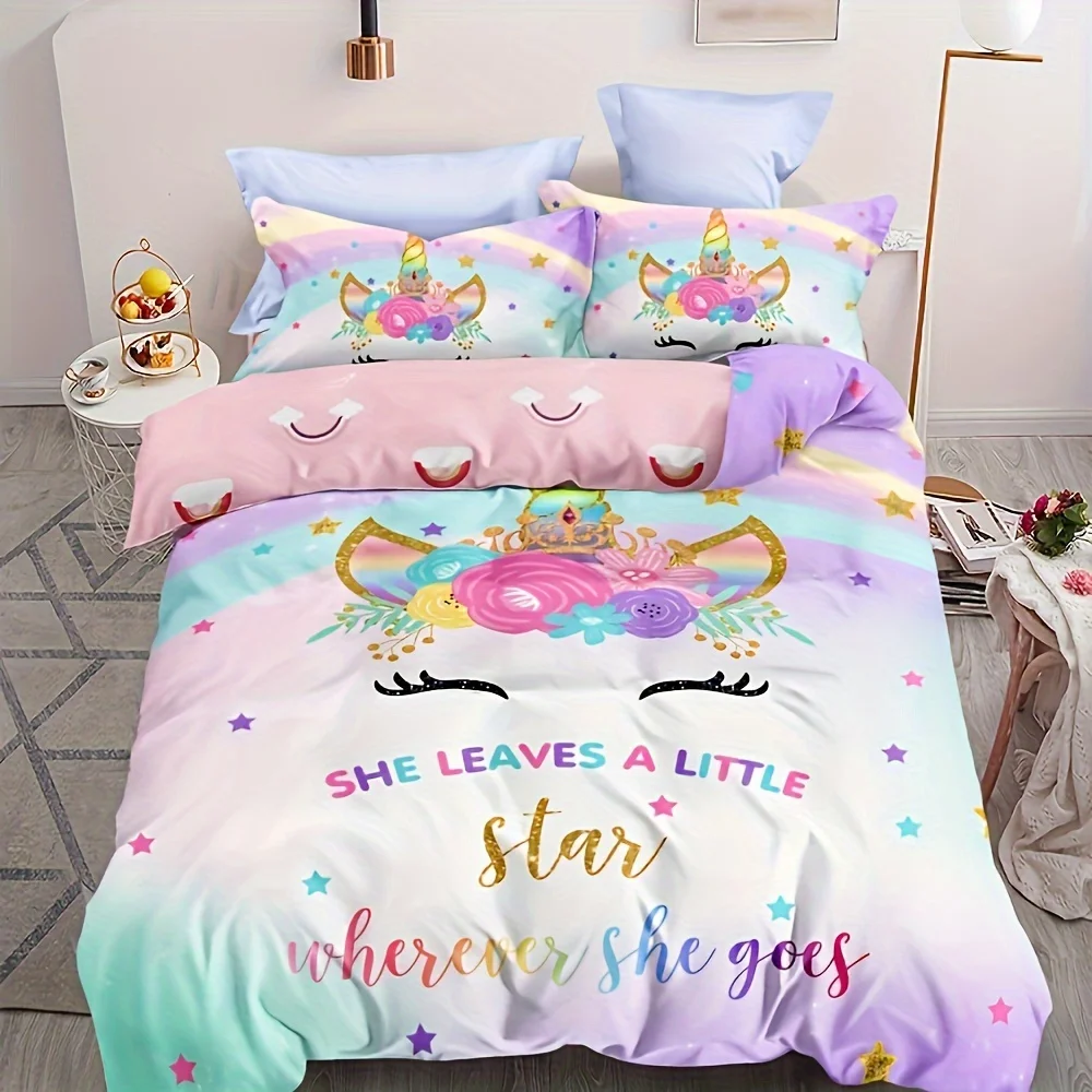 Комплект постельного белья с милым принтом единорога мягкий удобный