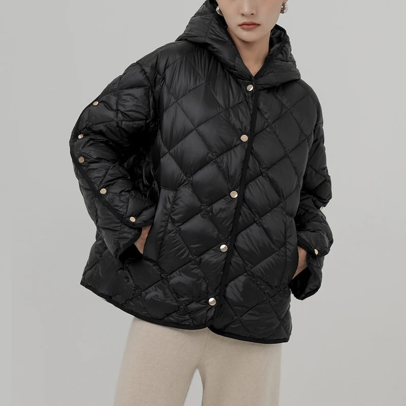 Luxury Women Metal button down jacket 2022 Winter Khaki Black Loose Hooded puffer coat Ultra Light Warm Clothing INKEO 2O310