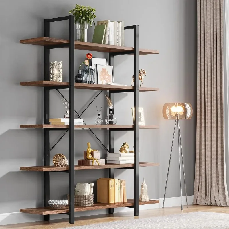 

5-Tier Bookshelf, Vintage Industrial Style Bookcase 72 H x 12 W x 47L Inches, Retro Brown Book Rack