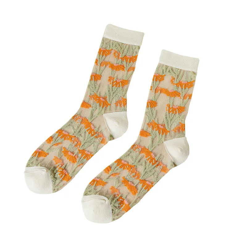 5PAIRS Socks Women's Spring and Summer Thin Transparent Glass Stockings Summer Small Flower Crystal Long Socks Tube Socks