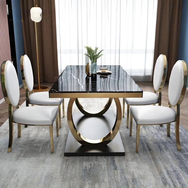 

Modern Luxury Kitchen Tables For Household Furniture Set Natural Marble Tabletop Metal Frame Designer Dining Table And Chairs