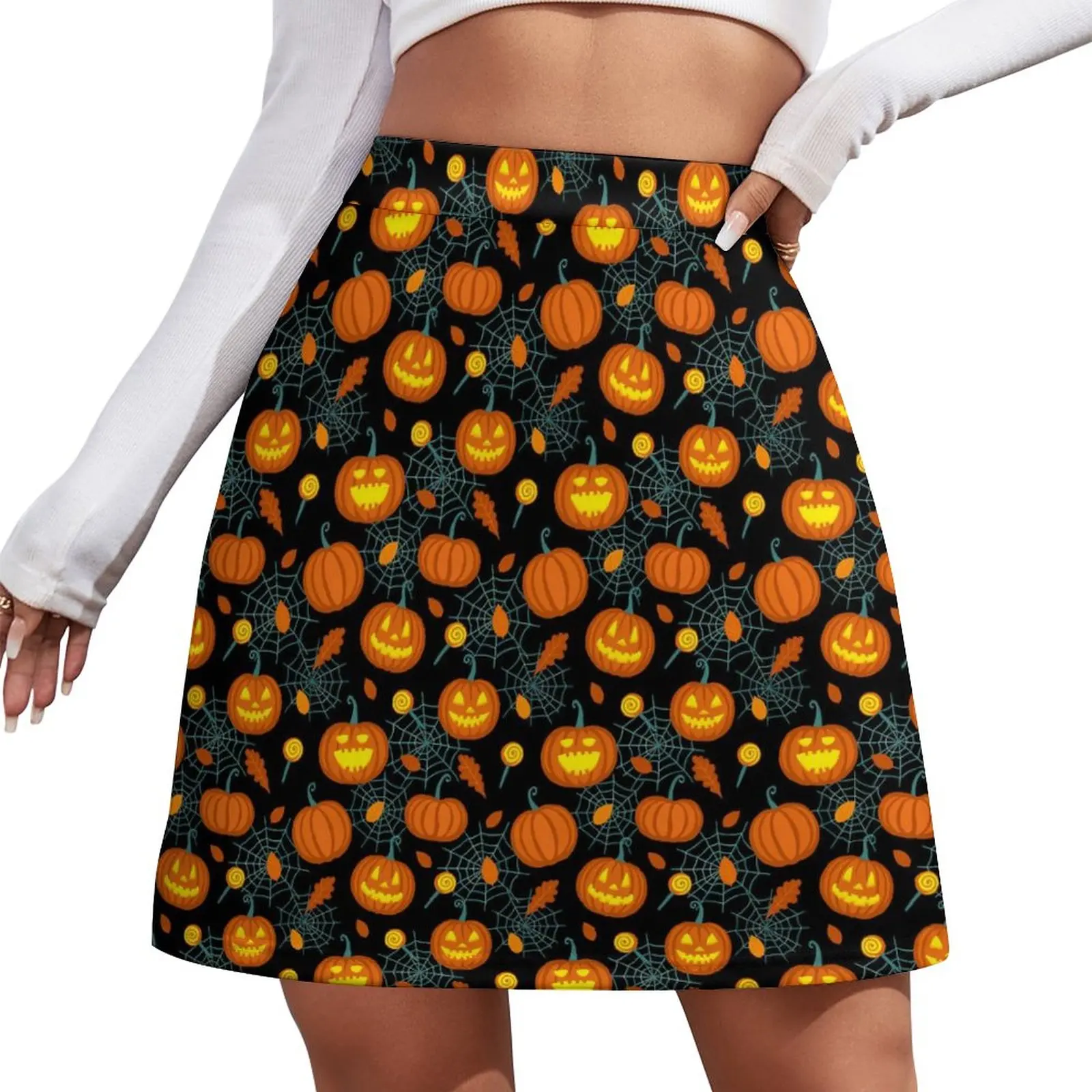 

Pumpkin And Spider Web Skirt Halloween Trendy Mini Skirts Spring High Waist Custom Streetwear Casual Skirt Big Size 2XL 3XL