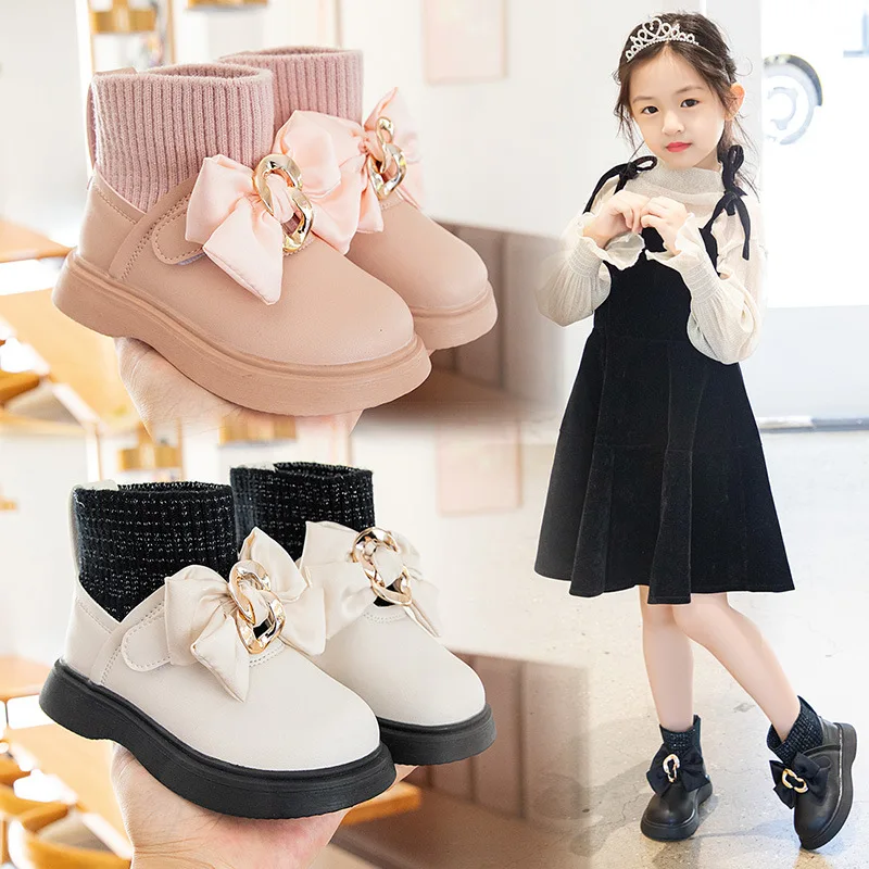 

Kids Shoes for Girl Metal Buckle Bow Leather Shoes Knit Ankle Pu Boots for Girl Slip on 2022 Winter Short Plush Warm Shoes