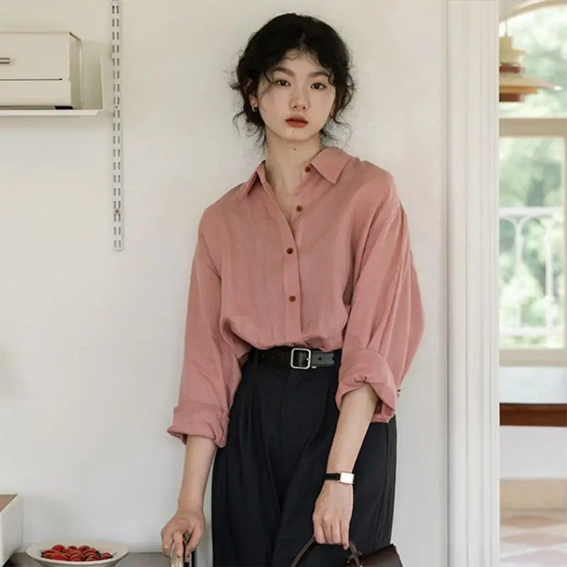 

New 2023 Spring Summer Women's Blouses Fashionable Elegant Office Lady Buttons Oversized Korean Style Wild Pink Shirts Tops Q524