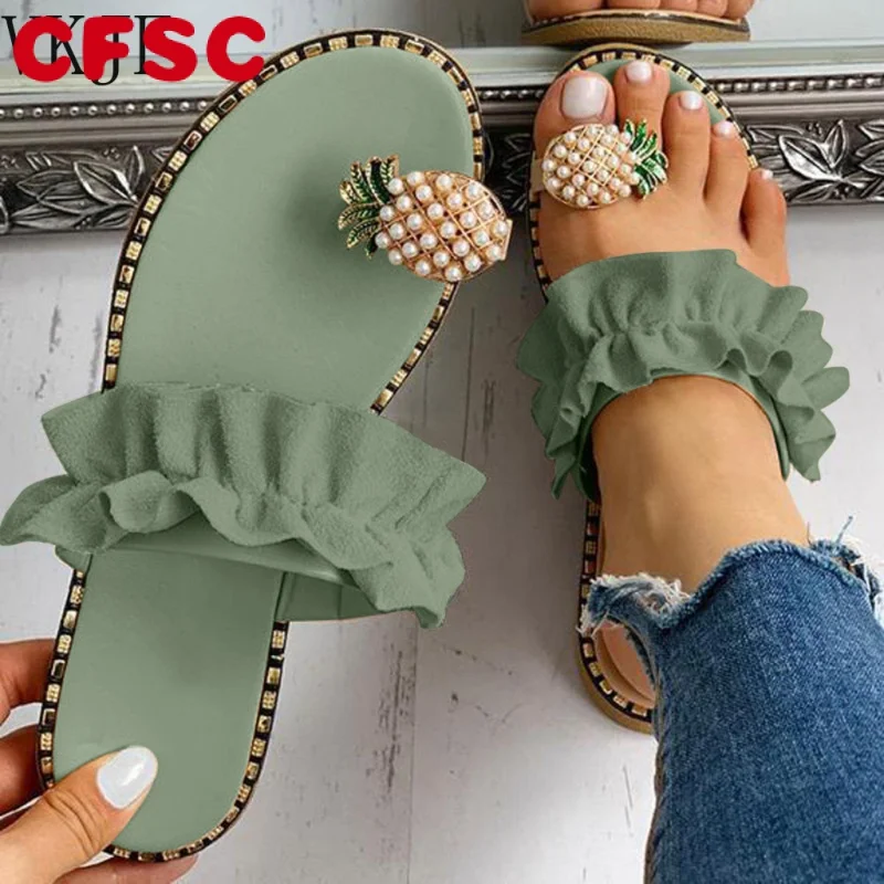 

2022 Women Slipper Pineapple Pearl Flat Toe Bohemian Summer Beach Sandals Ladies Shoes plus size Mujer Verano