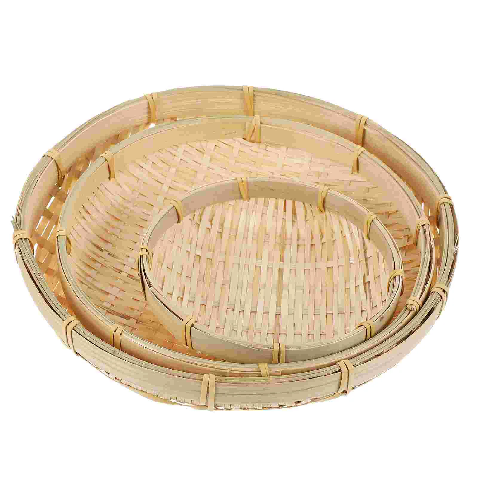 

Basket Storagewoven Sieve Tray Holder Flat Washing Shallow Serving Fruit Display Strainer Veggies Round Weaving Trays Kitchen
