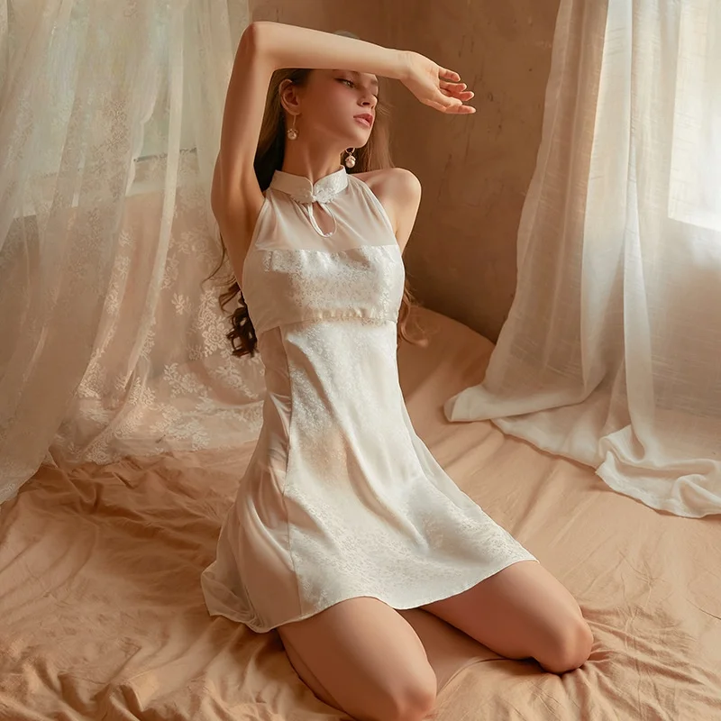 

Women's Sexy Skirt Retro Chinese Cheongsam Collar Satin Mesh Perspective Sleeping Skirt Thong Set Night Dress Female Nightgown
