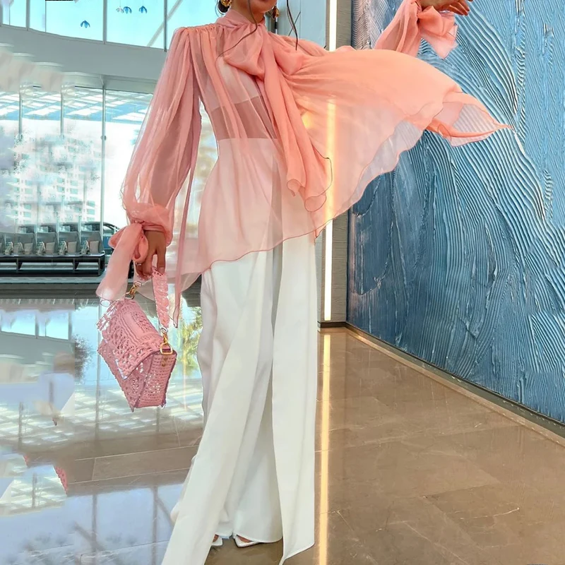 

LIYONG Women Two Piece Set Summer Fashion Elegant Lace Up Long Sleeve Top Casual Loose Wide Legs Pants Sets High Streetwear