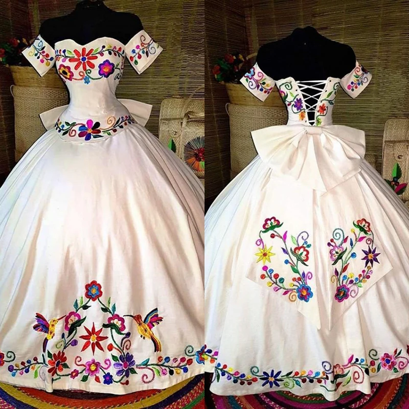 

Mexican Embroidered Quinceanera Dresses Off Shoulder Crost Back Ball Gown Sweet 15 Dress Girls Ball Gown Sweet 15 Dress Theme