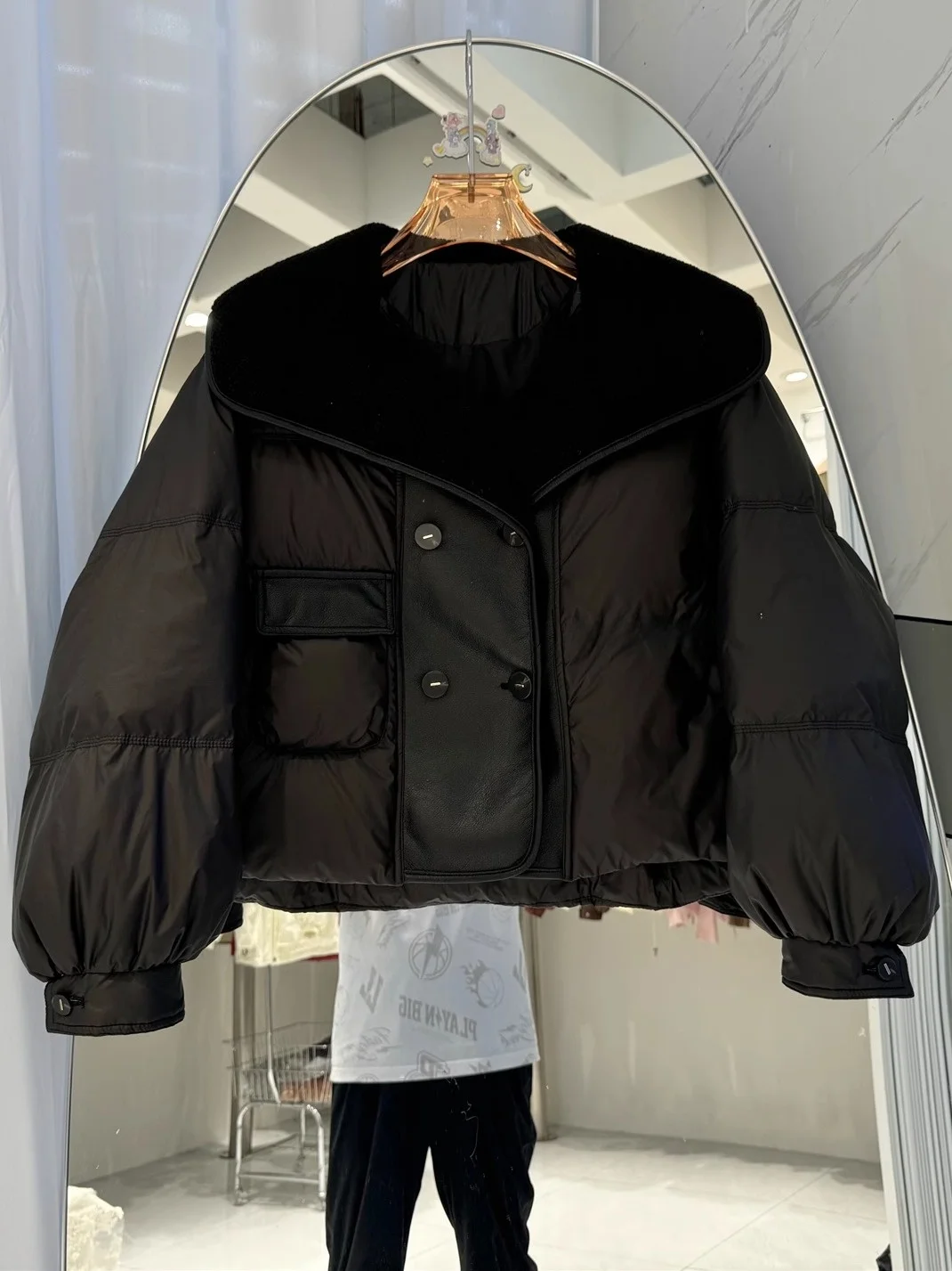 2024 новый зимний пуховик женский короткий из овечьей шерсти кожаная лоскутная