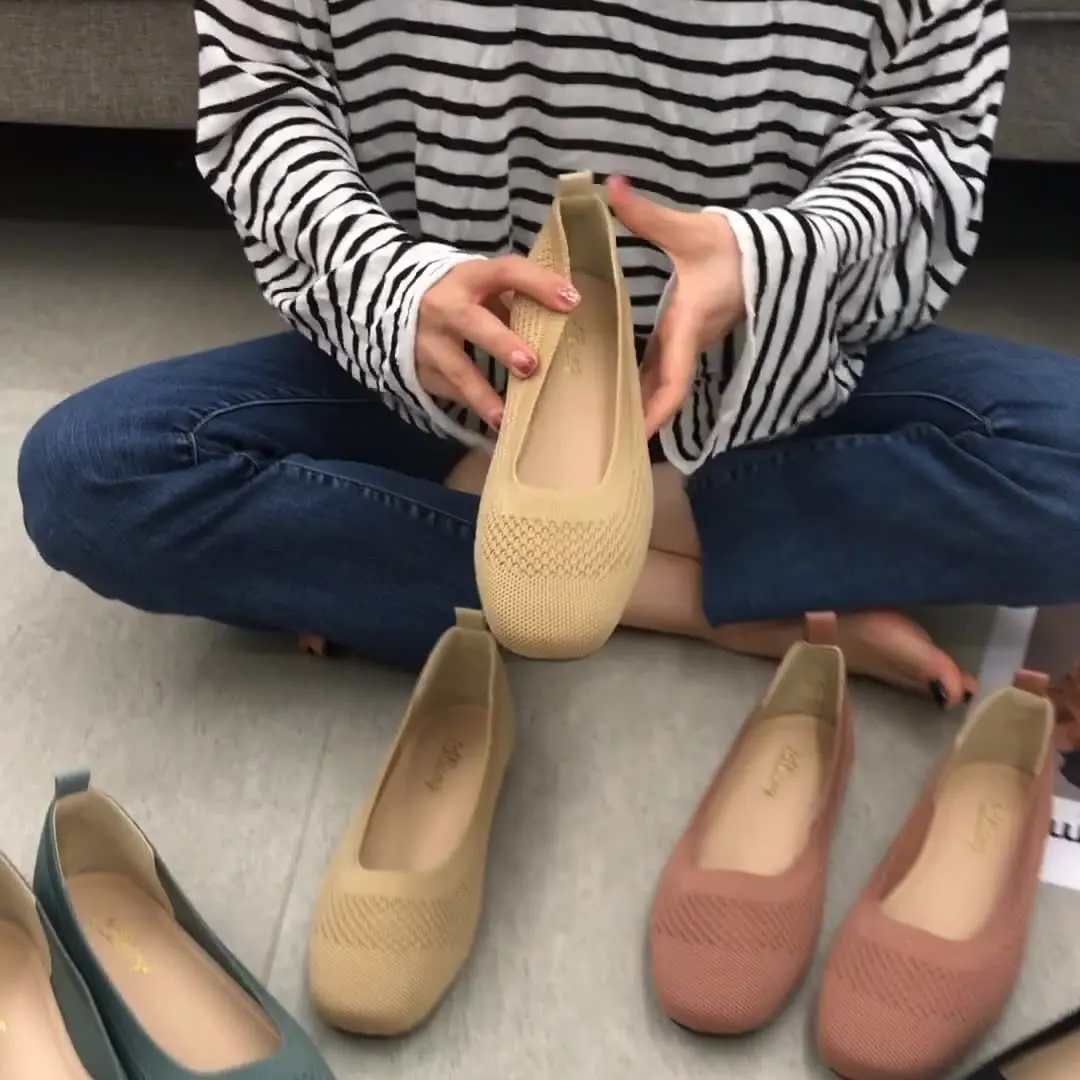 

Shoes Woman 2023 Square Toe Shallow Mouth Casual Female Sneakers Knitting Flats New Moccasin Big Size Summer Breathable PU Solid
