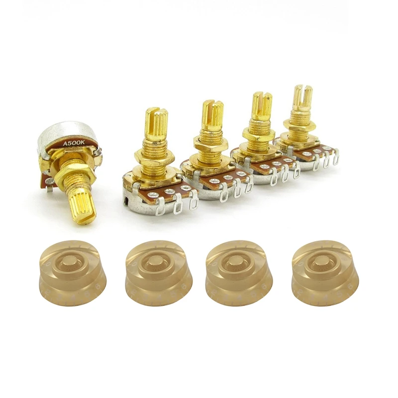 

4 Pcs Electric Guitar Control Speed Knobs Gold & 5X Guitar Potentiometer Audio Volume & Tone Pots Switch Control A500K