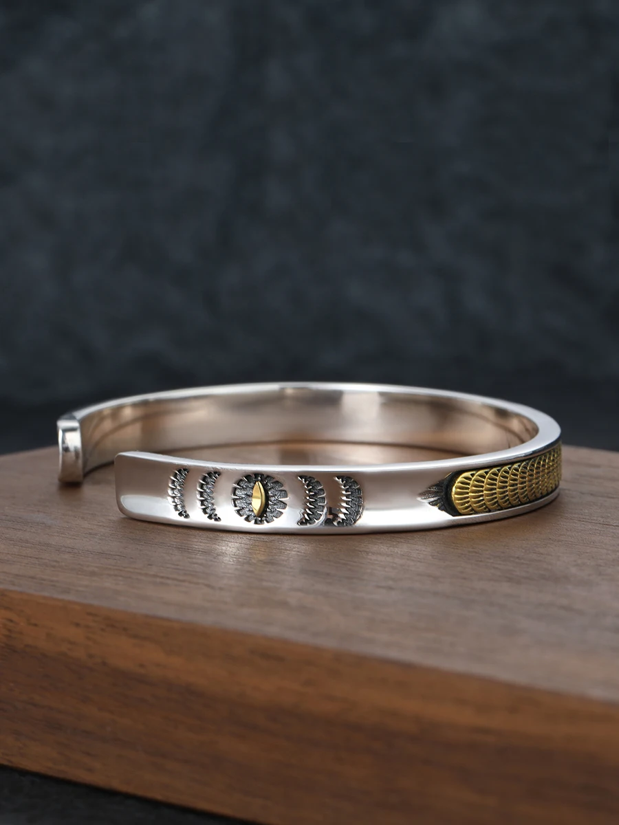 Золотой тотемный браслет в индийском стиле открытый из стерлингового серебра