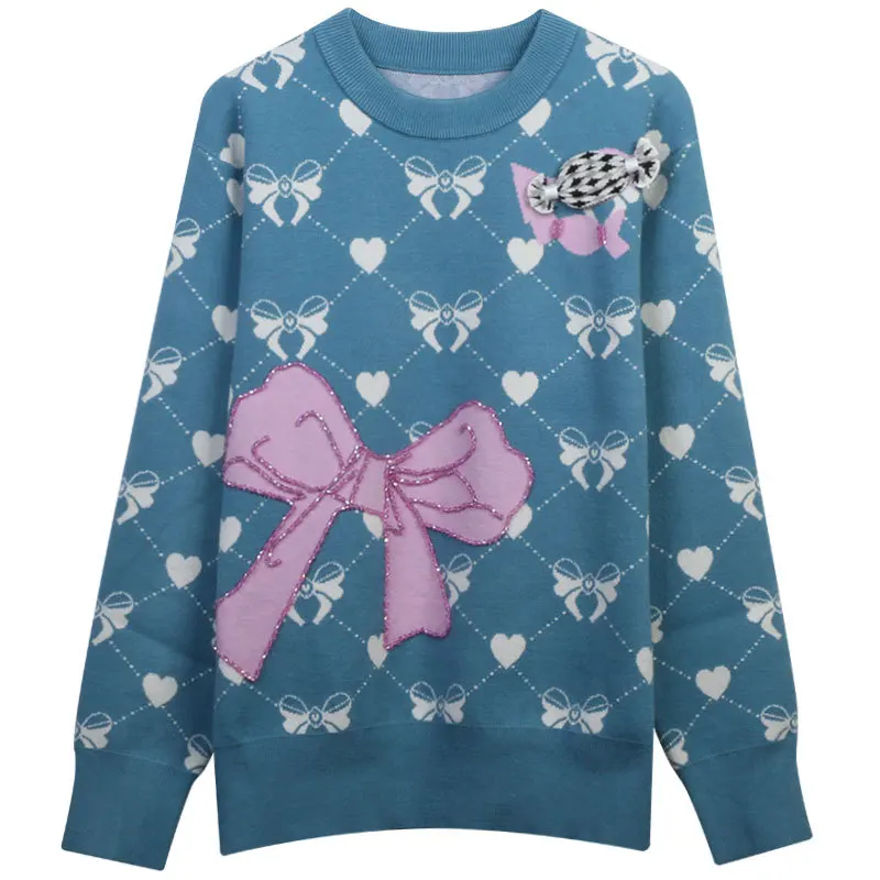 

Autumn Winter Sweater Pullovers Women Jumper Sweet Bow Knitted Tops Casual Beading Jersey 2022 New Fashion Korean Clothes Femme