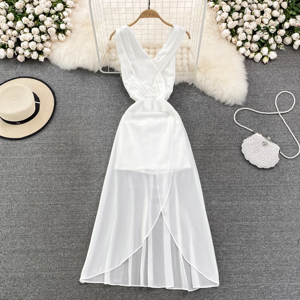 

FTLZZ Summer New Women V-neck Pleated High Waist Slim Sleeveless Dress Female Fashion Casual Solid Color Chiffon Dresses