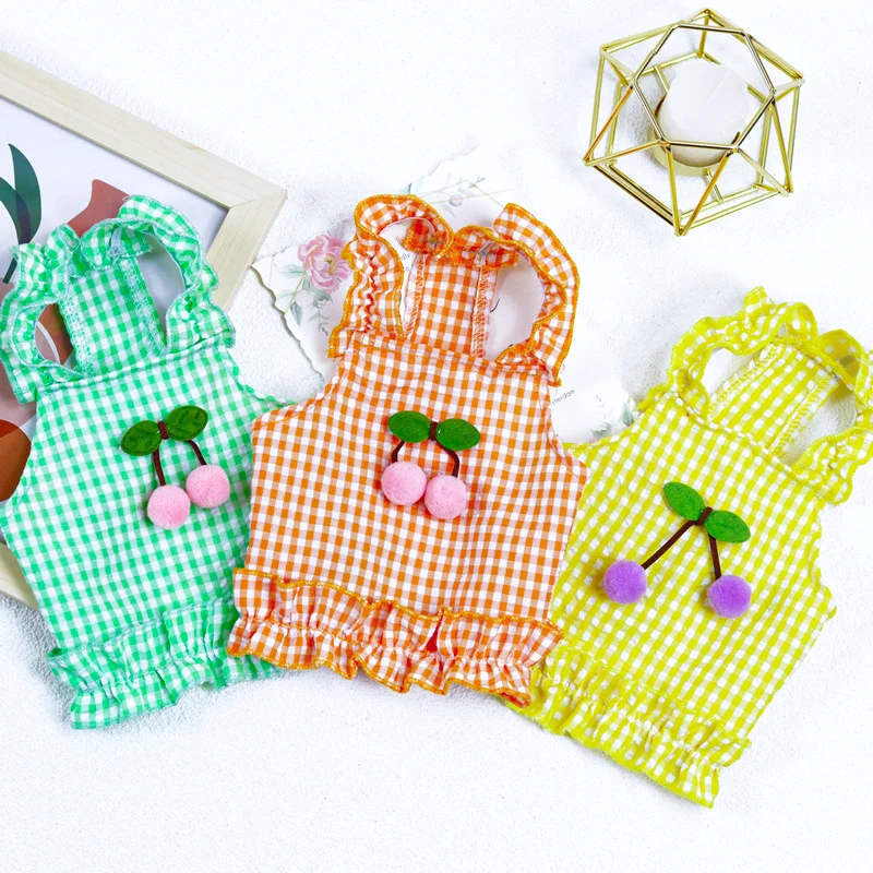 

Dog Plaid Dress Cute Snap Style Thin Cherry Princess Dress Small Fresh Sweet Spring Summer Section Wedding Dresses Dog Cat Skirt