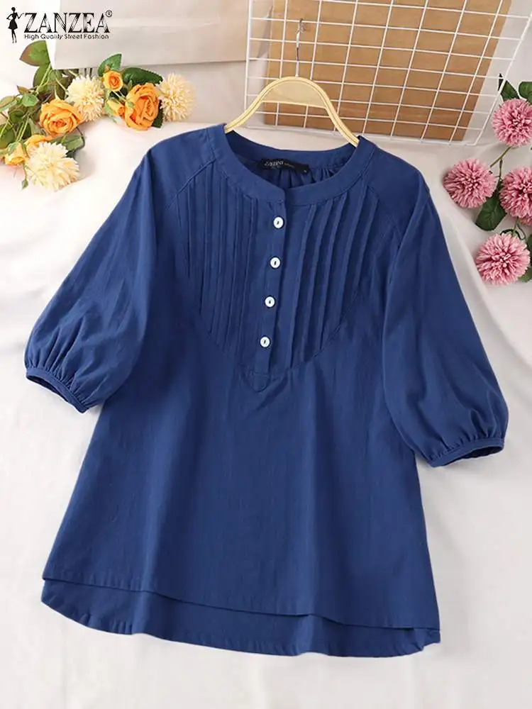 

Fashion Women Office Lady Short Sleeve Blouse Summer Tops Tunic ZANZEA Oversized Casual Solid Stand Collar Pullovers Chemise