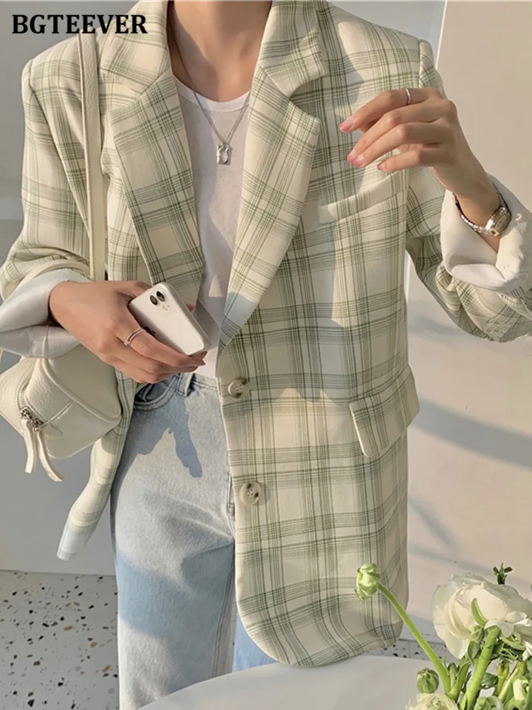 

BGTEEVER Casual Loose Plaid Suit Jacket Women Long Sleeve Single-breasted Pockets Ladies Blazer Spring Autumn Winter Coat Female