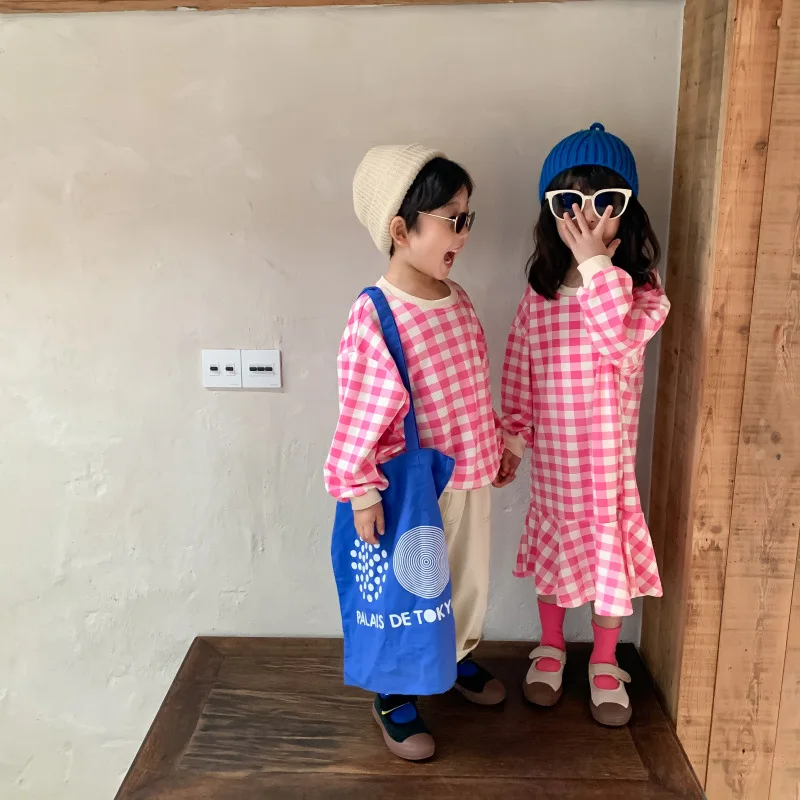 

Children's Clothes Siblings Sets 2021 Korean Fashion Casual Plaid Outfits Girl Boys Fishtail Dress Lovely Tops 1 8 Years
