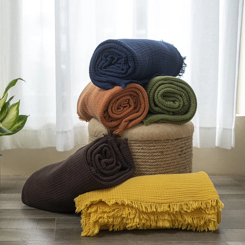 

Cotton Four Layer Gauze Blanket Solid Color Summer Towel Quilt with Fringe Soft Sofa Towel Office Air Conditioning Nap Blanket담요