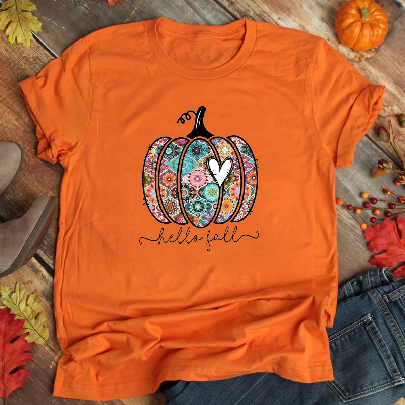 

Осенняя футболка, женская одежда с тыквой, осенние Рубашки с рисунком Hello Fall, Женская винтажная одежда