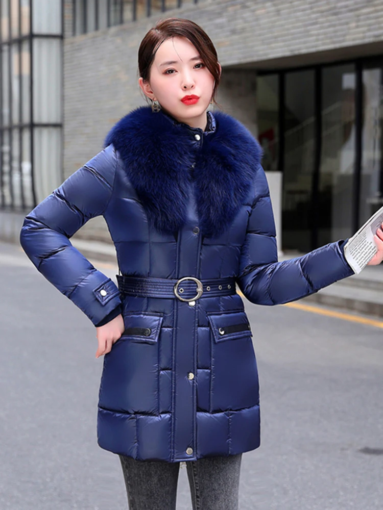 New Women Fur Down Jacket Winter Fashion Real Fox Fur Collar Medium Long Belt Slim Puff Down Coat Thicken Warm Outerwear Female