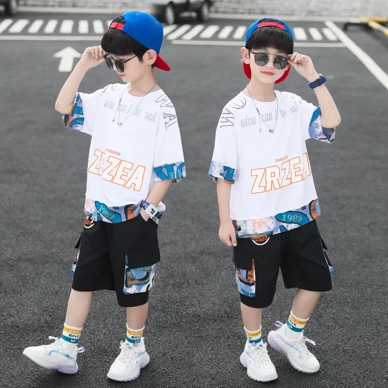 

Boys Cotton Summer Suit 2022 New Baby Fashion Clothes Children Korean Handsome Short-sleeved Shirt + Letter Shorts 2pcs Set