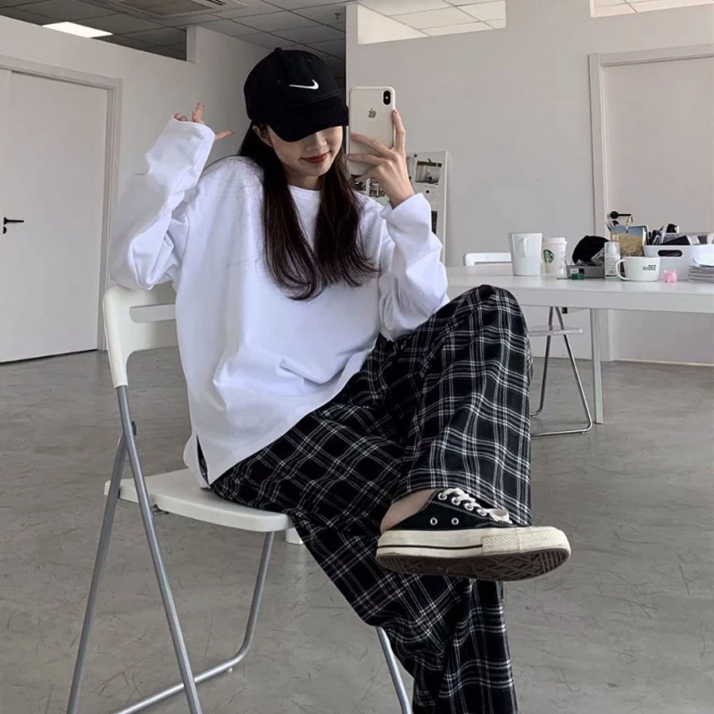 Plaid Pants Women Casual Chic Oversize Loose Wide Leg Trousers Ins Retro Teens Harajuku Hip-hop All-match Unisex Streetwear |