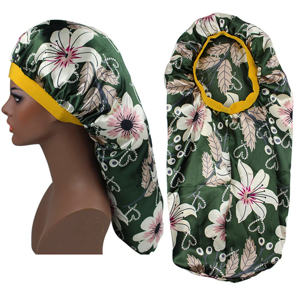 

Fashion Women Sleep Hair Turban Cap Long Satin Printed Flower Elastic Bonnet Cylindrical Chemo Cancer Hat Muslim India Headwear