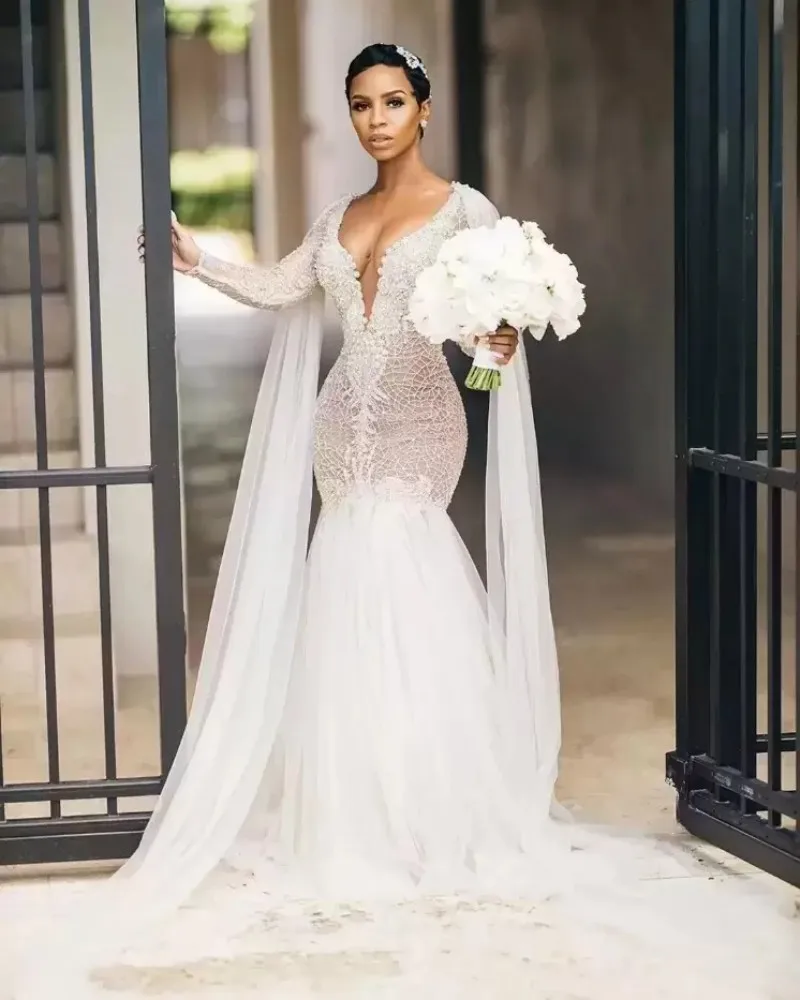 

Luxurious Mermaid Wedding Dress Arabic Aso Ebi Sexy V Neck Bridal Gowns Lace Beading Crystals With Cape Sweep Train Long Sleeves